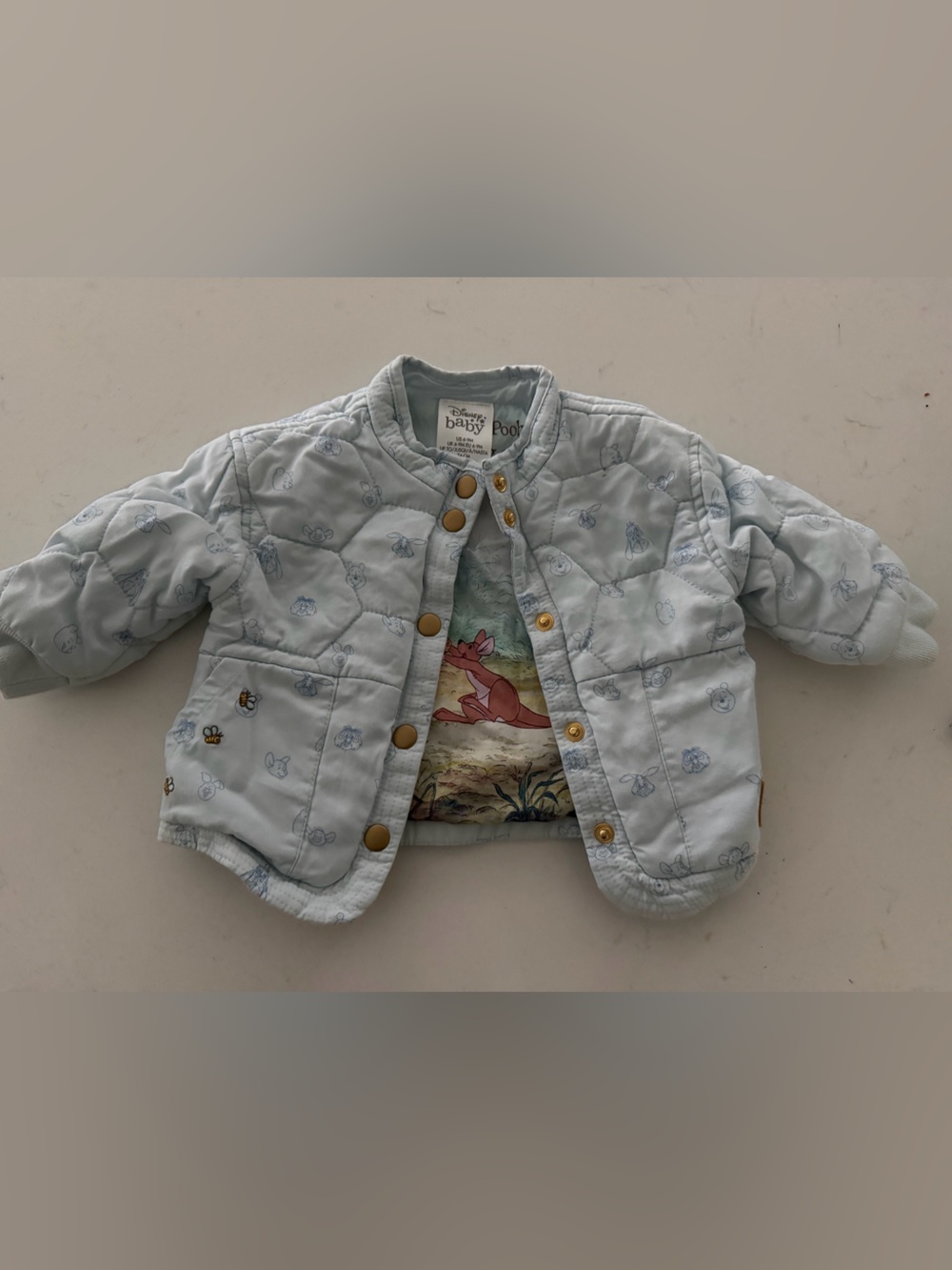 Disney Pooh Light Blue Quilted Puffer Jacket with Gold Snaps